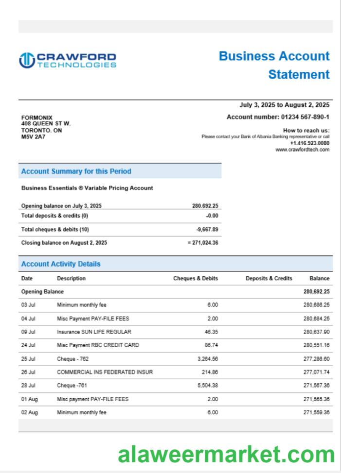 CrawfordTech business bank statement Word and PDF format